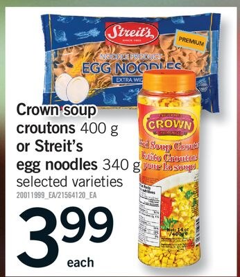 CROWN SOUP CROUTONS, 400 G OR STREIT'S EGG NOOD…
