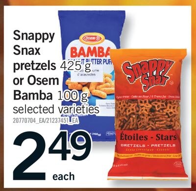 SNAPPY SNAX PRETZELS, 425 G OR OSEM BAMBA, 100 G