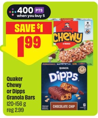 Quaker Chewy or Dipps Granola Bars 120-156 g