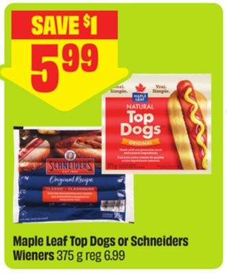 Maple Leaf Top Dogs or Schneiders Wieners 375 g