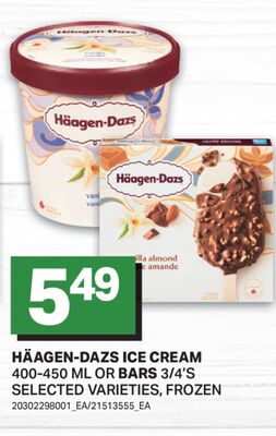 HÄAGEN-DAZS ICE CREAM, 400-450 ML OR BARS 3/4'S