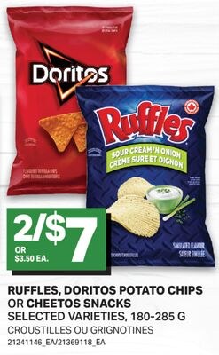 RUFFLES, DORITOS POTATO CHIPS OR CHEETOS SNACKS…