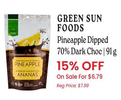 GREEN SUN FOODS Pineapple Dipped 70% Dark Choc