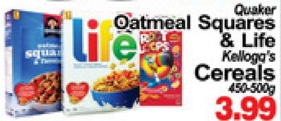 Quaker Oatmeal Squares & Life Kellogg's Cereals