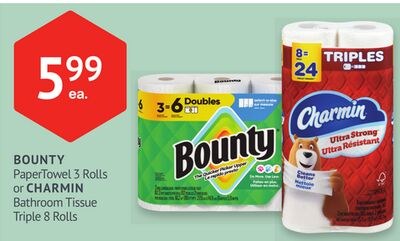 BOUNTY PaperTowel 3 Rolls or CHARMIN Bathroom T…