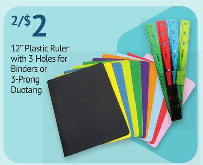 12" Plastic Ruler with 3 Holes for Binders or 3…