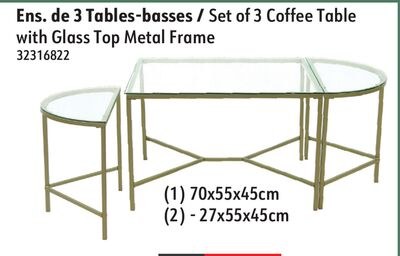 Set of 3 Coffee Table with Glass Top Metal Frame