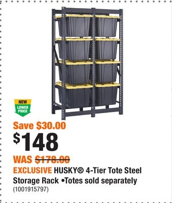 EXCLUSIVE HUSKY® 4-Tier Tote Steel Storage Rack…