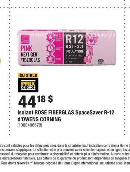 Isolant ROSE FIBERGLAS SpaceSaver R-12 d'OWENS …