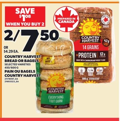 COUNTRY HARVEST BREAD OR BAGELS, 450/600 G