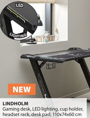LINDHOLM Gaming desk, LED lighting, cup holder,…