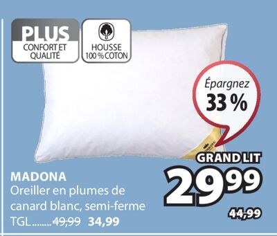 MADONA Oreiller en plumes de canard blanc, semi…