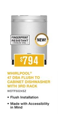 WHIRLPOOL® 47 DBA FLUSH TO CABINET DISHWASHER W…