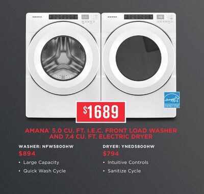 AMANA 5.0 CU. FT. I.E.C. FRONT LOAD WASHER AND …