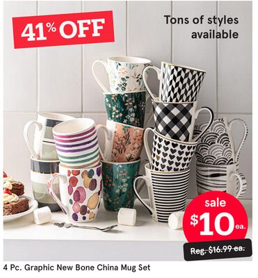 4 Pc. Graphic New Bone China Mug Set