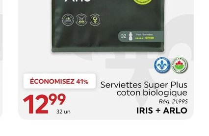 Iris + Arlo Serviettes Super Plus coton biologi…