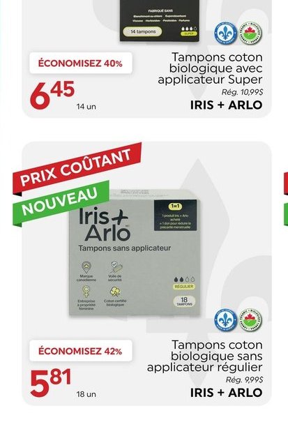 Iris + Arlo Tampons coton biologique avec appli…