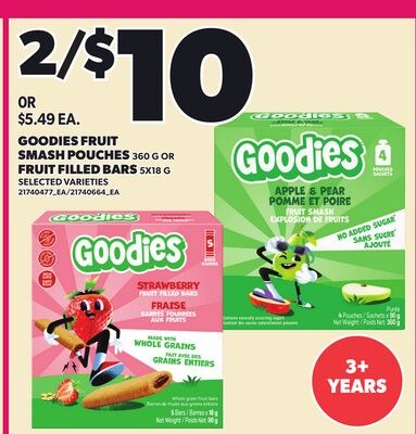GOODIES FRUIT SMASH POUCHES, 360 G OR FRUIT FIL…