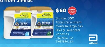 SIMILAC 360 TOTAL CARE INFANT FORMULA LARGE TUB…