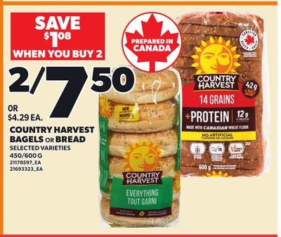 COUNTRY HARVEST BAGELS OR BREAD, 450/600 G