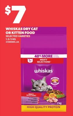 WHISKAS DRY CAT OR KITTEN FOOD, 1.5/2 KG
