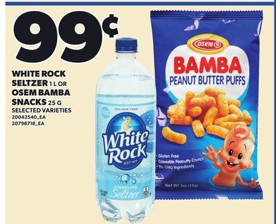 WHITE ROCK SELTZER, 1 L OR OSEM BAMBA SNACKS, 2…