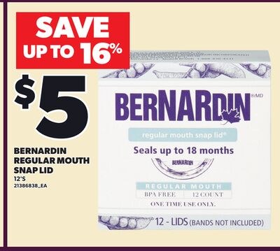 BERNARDIN REGULAR MOUTH SNAP LID, 12'S