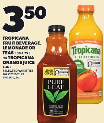 TROPICANA FRUIT BEVERAGE LEMONADE OR TEAS, 1.36…