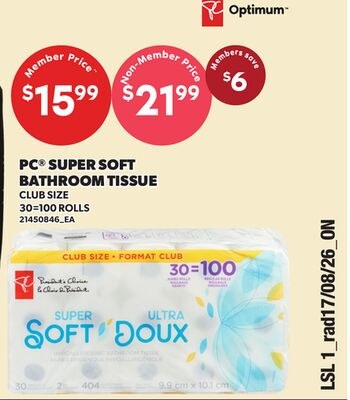 PC® SUPER SOFT BATHROOM TISSUE, 30=100 ROLLS