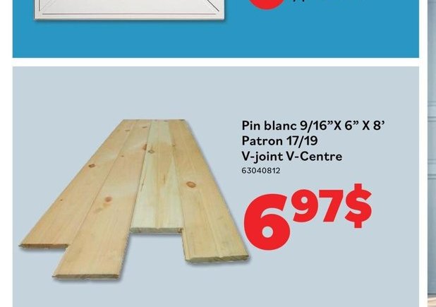 Pin blanc 9/16"X 6" x 8' Patron 17/19 V-joint V…