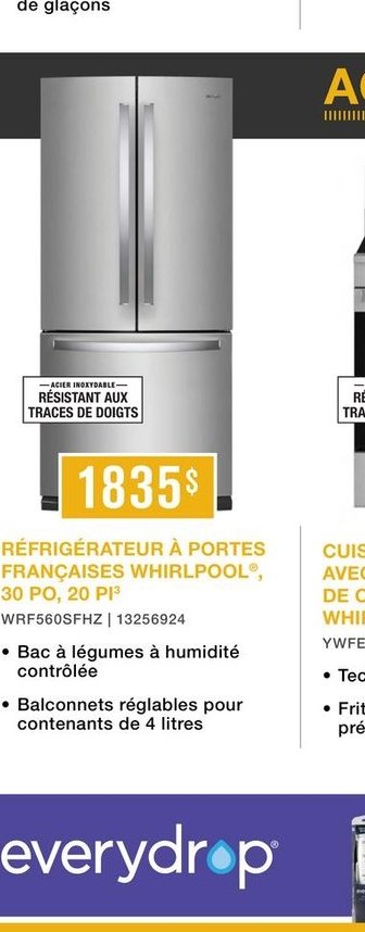 Réfrigérateur à portes françaises Whirlpool, 36…