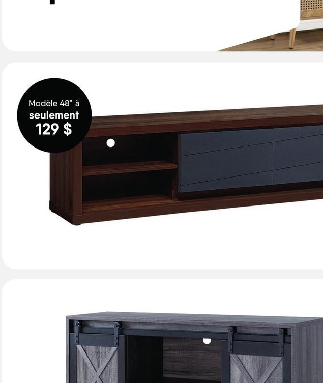 Meuble télé fin bois avec rangement - 48 po