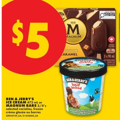 BEN & JERRY'S ICE CREAM, 473 ML or MAGNUM BARS,…