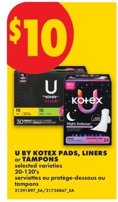 U BY KOTEX PADS, LINERS or TAMPONS, 20-120's