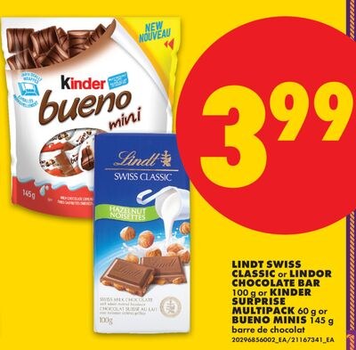 LINDT SWISS CLASSIC or LINDOR CHOCOLATE BAR, 10…