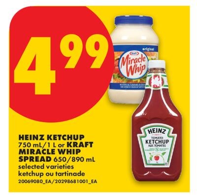 HEINZ KETCHUP, 750 ML/1 L OR KRAFT MIRACLE WHIP…