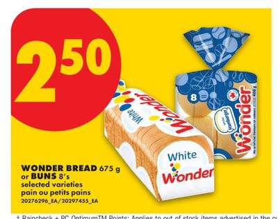 WONDER BREAD, 675 G OR BUNS, 8'S