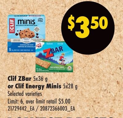 CLIF ZBAR, 5X36 G OR CLIF ENERGY MINIS, 5X28 G