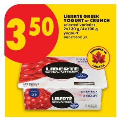 LIBERTÉ GREEK YOGURT OR CRUNCH, 2X130 G/4X100 G