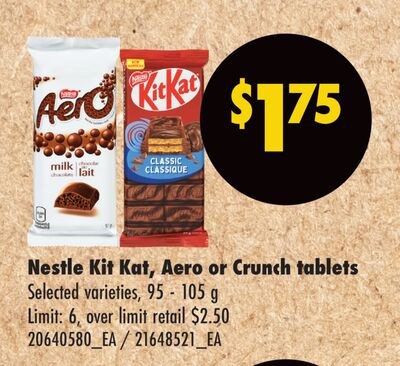 NESTLE KIT KAT, AERO OR CRUNCH TABLETS, 95 - 10…