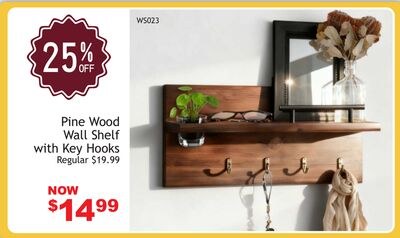 Pine Wood Wall Shelf with Key Hooks