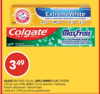 COLGATE MAX FRAIS (150 mL), ARM & HAMMER BLANC …
