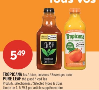 TROPICANA Jus, boissons ou PURE LEAF thé glacé