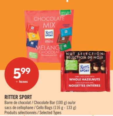 RITTER SPORT Barre de chocolat (100 g) ou sacs …