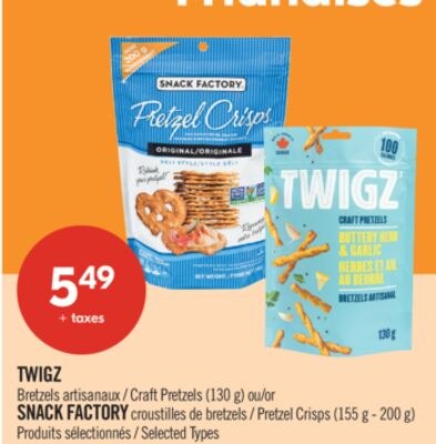 TWIGZ Craft Pretzels (130 g) ou SNACK FACTORY c…