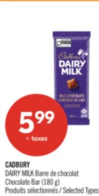 CADBURY DAIRY MILK barre de chocolat 180 g
