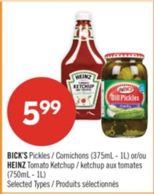 BICK'S Pickles (375mL - 1L) or HEINZ Tomato Ket…