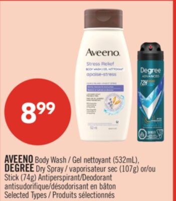 AVEENO Body Wash (532mL), DEGREE Dry Spray (107…