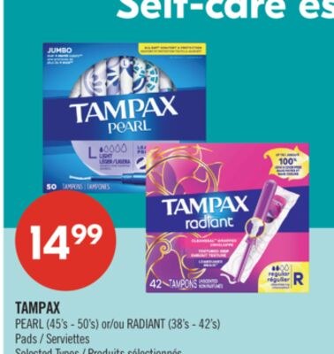 TAMPAX PEARL (45's - 50's) or RADIANT (38's - 4…