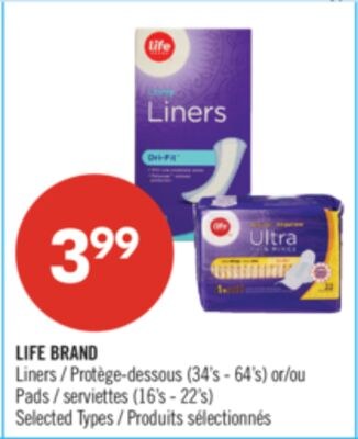 LIFE BRAND Liners (34's - 64's) or Pads (16's -…